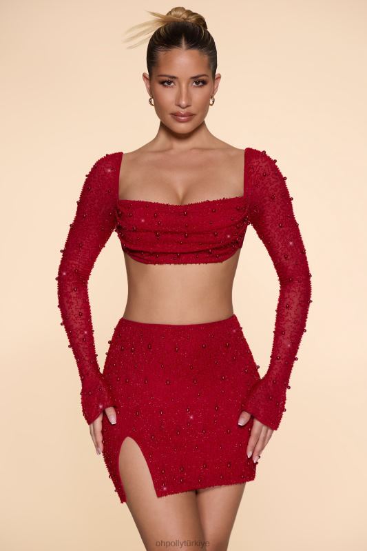 Belle Ile High Waist Thigh Split Mini Skirt Oh Polly kadınlar 8046V783 etekler kırmızı - Görsel 5