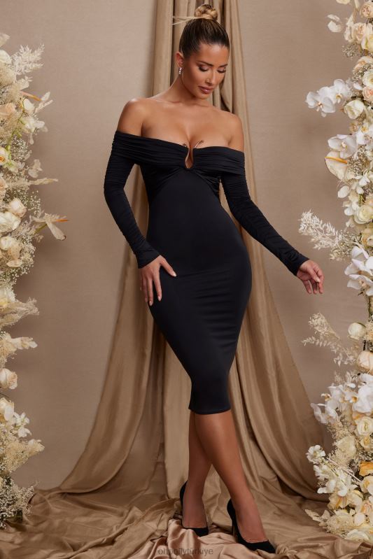 brigette uzun kollu bardot yaka midi elbise Oh Polly kadınlar 8046V86 elbiseler siyah - Görsel 1