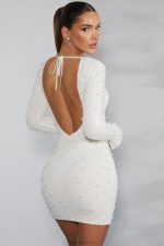 lahey uzun kollu süslenmiş sırtı açık mini elbise Oh Polly kadınlar 8046V233 elbiseler fildişi - Görsel 2