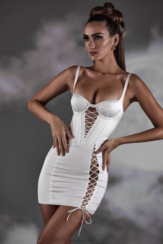luna bağcıklı korse saten mini elbise Oh Polly kadınlar 8046V387 elbiseler beyaz - Görsel 6