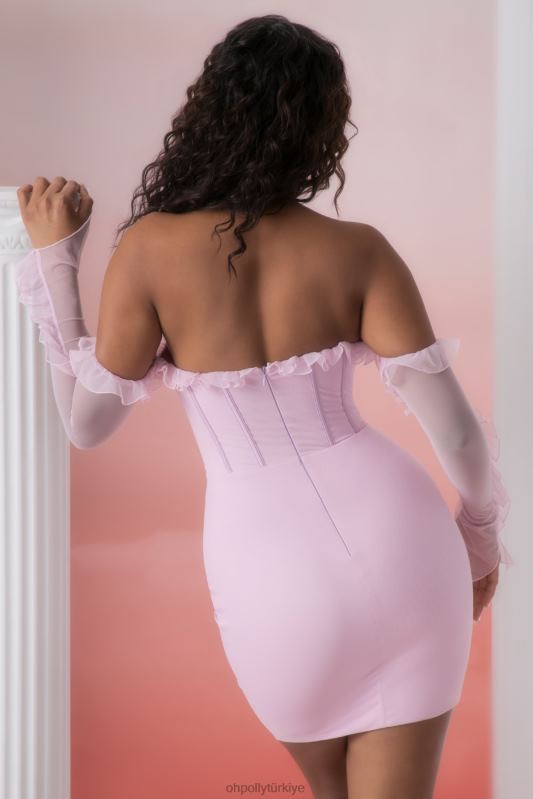 makaria fırfır detaylı dekolteli mini elbise Oh Polly kadınlar 8046V445 elbiseler pembe - Görsel 2