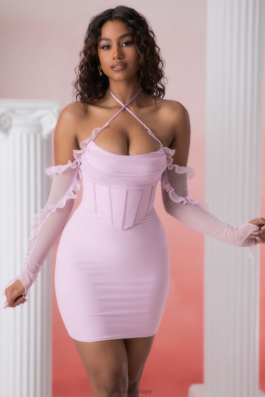makaria fırfır detaylı dekolteli mini elbise Oh Polly kadınlar 8046V445 elbiseler pembe - Görsel 7