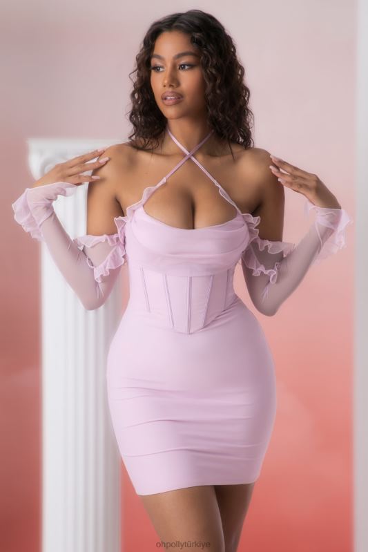makaria fırfır detaylı dekolteli mini elbise Oh Polly kadınlar 8046V445 elbiseler pembe - Görsel 9