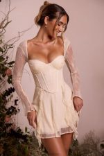 Ninette uzun kollu dantel korse mini elbise Oh Polly kadınlar 8046V260 elbiseler fildişi - Görsel 4
