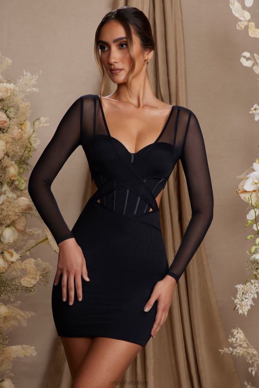 taylor uzun kollu katmanlı korse mini elbise Oh Polly kadınlar 8046V272 elbiseler siyah - Görsel 1