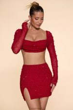 Belle Ile High Waist Thigh Split Mini Skirt Oh Polly kadınlar 8046V783 etekler kırmızı - Görsel 4