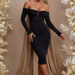 brigette uzun kollu bardot yaka midi elbise Oh Polly kadınlar 8046V86 elbiseler siyah