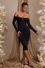 brigette uzun kollu bardot yaka midi elbise Oh Polly kadınlar 8046V86 elbiseler siyah