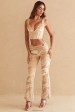 defne yüzük detaylı kaçak pantolon Oh Polly kadınlar 8046V832 dipler bej baskı