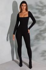 delanie kare yaka uzun kollu tulum Oh Polly kadınlar 8046V764 Toplamak siyah - Görsel 9