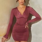 della uzun kollu dekolteli boyun korse mini elbise Oh Polly kadınlar 8046V373 elbiseler koyu leylak
