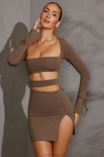 enya uzun kollu mini elbise Oh Polly kadınlar 8046V154 elbiseler boz kahverengi