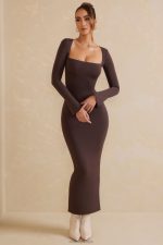 gelişa kare yaka uzun kollu maxi elbise Oh Polly kadınlar 8046V270 elbiseler çikolata - Görsel 7