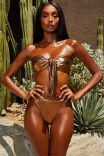 gold coast metalik yüksek belli bikini altı Oh Polly kadınlar 8046V936 mayo bronz - Görsel 3