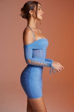rayar bağcıklı uzun kollu korse mini elbise Oh Polly kadınlar 8046V166 elbiseler mavi - Görsel 3