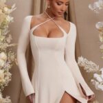 salome uzun kollu çapraz askılı mini elbise Oh Polly kadınlar 8046V273 elbiseler krem